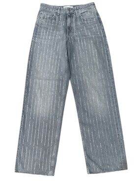 Zara Gray Rhinestone Stripe Straight Leg Jeans Size 6